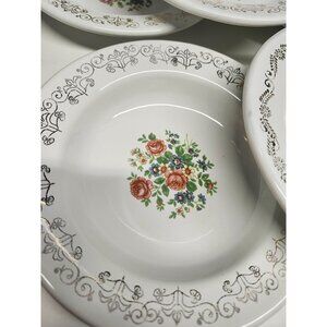 6- Enamel Metal Bowls Tres Monterrey Mexico 7.75” Gold Pattern Flowers Vintage